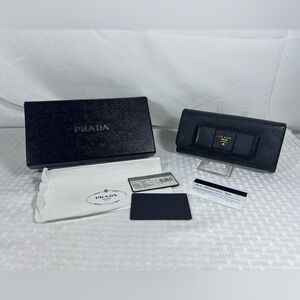Prada Saffiano Bow Continental Wallet Black Leather Italy